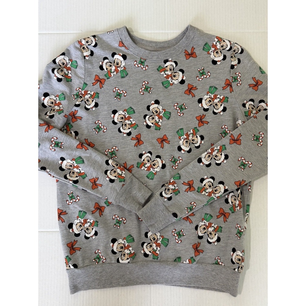 Disney Junior Women's Gray Mickey & Minnie Mouse Holiday Christmas Sweatshirt S